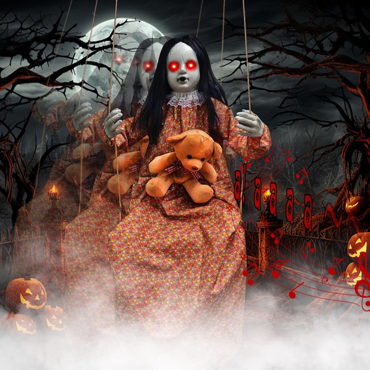 Halloween Hanging Girl with Bear Doll - Light Up Eyes and Sound & Slap Activated